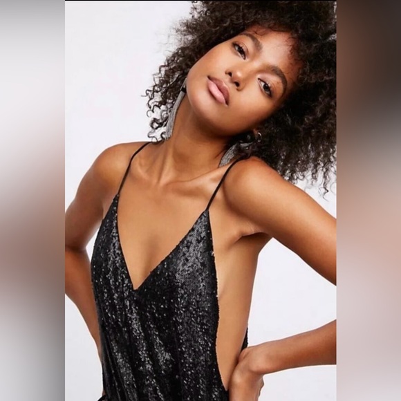 Sexy Free People Black Sequin Racerback, Spaghetti Strap Jumpsuit, Medium - NWOT - Picture 2 of 11